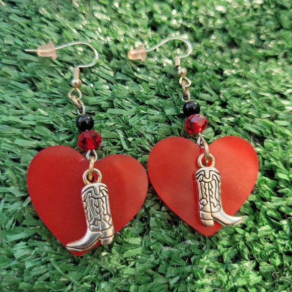 Hand-made Red Acrylic Heart w/ Cowboy Boot Earrings 925 Hooks - Picture 2 of 2